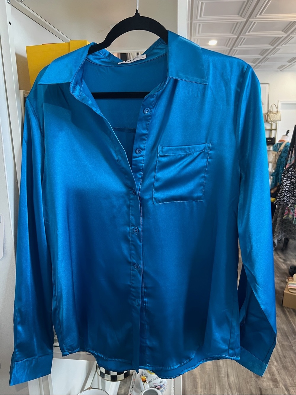 Satin Teal Button-Down Shirt with Chest Pocket